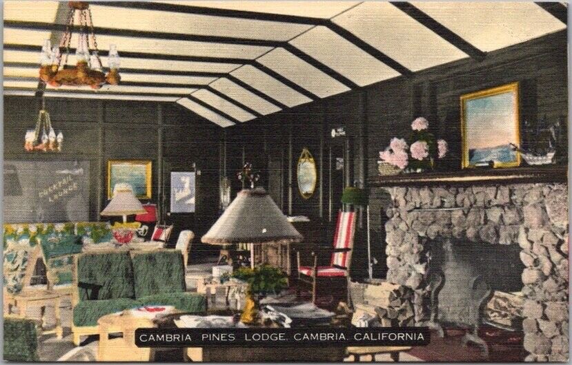 1950s Cambria, California Postcard CAMBRIA PINES LODGE / Hotel Fireplace / Linen