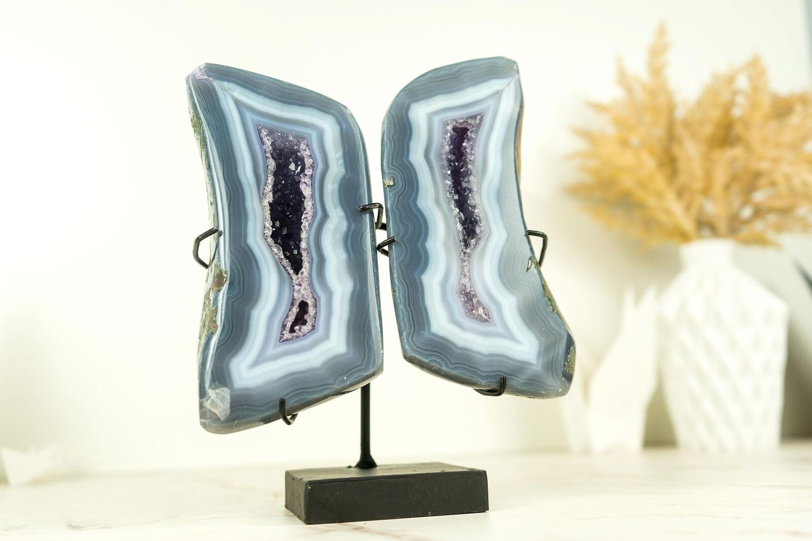Small Polished Blue Lace Agate Geode Wings with Purple Amethyst and Landscaped B
