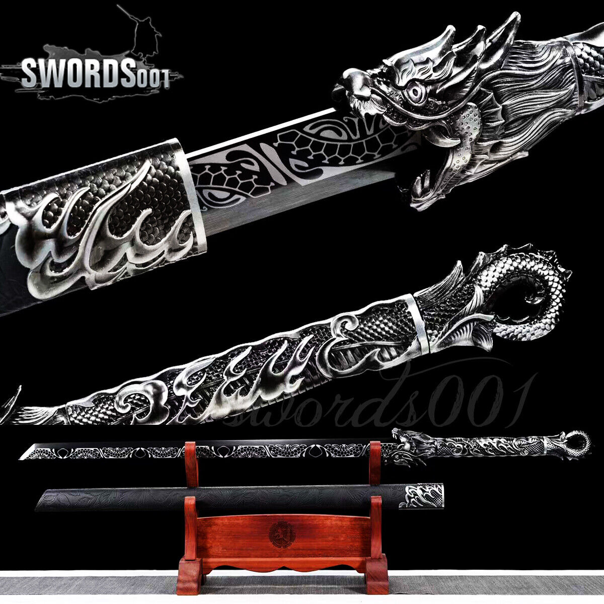 Handmade Dragon Sword Black Carbon Steel Blade Snake Pattern Chinese Tang Dao
