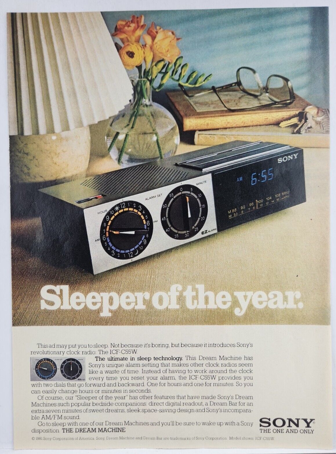 1981 Sony Clock Radio ICF-C55W Vintage Print Ad Man Cave Poster Art Deco 80\'s