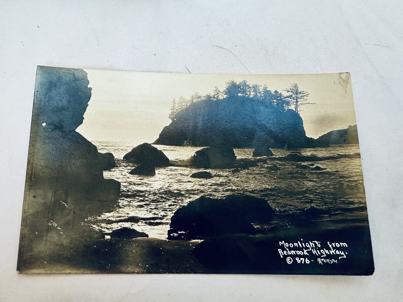 RPPC REDWOOD HIGHWAY, CA  ~  MOONLIGHT OCEAN Scene c1930s Patterson