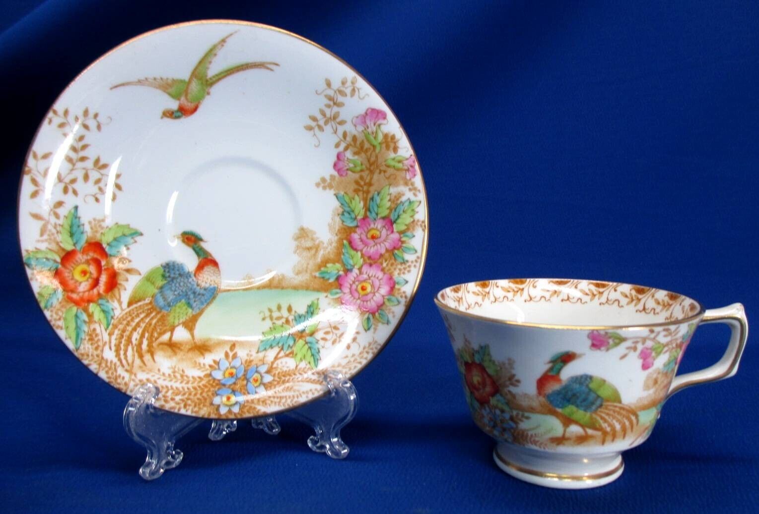 ENGLISH SUTHERLAND BONE CHINA CUP & SAUCER IN EXOTIC PATTERN