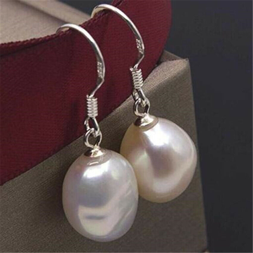 Fashion 11-12mm White Baroque Pearl Earrings 18k Ear Stud Irregular Flawless