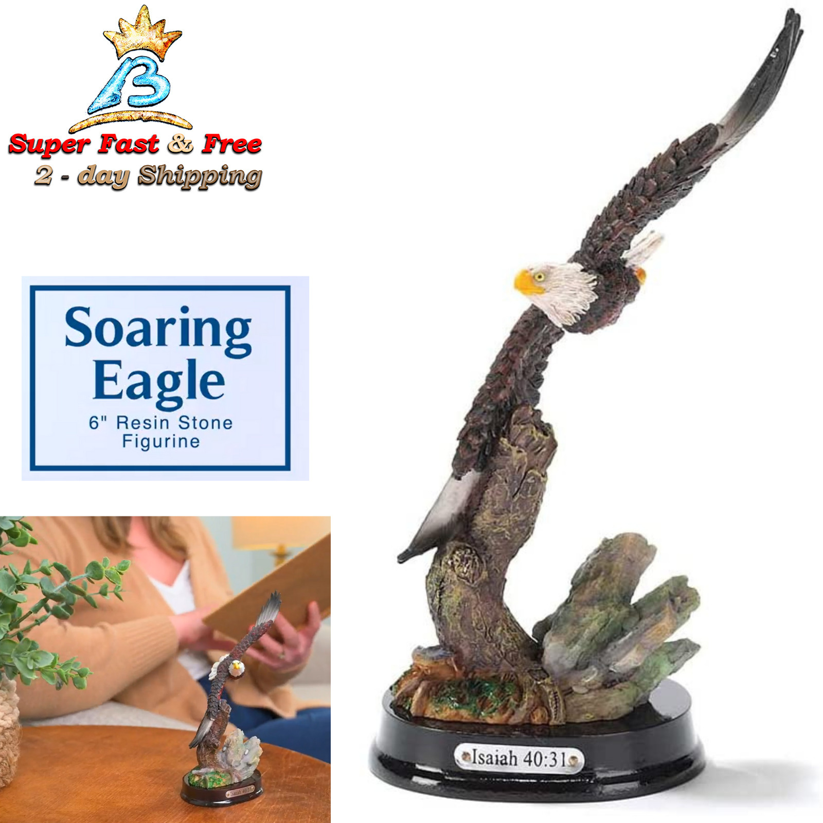 Glorious Bald Eagle Statue Soaring Over Rock Decorative Figurine Engraved Plaque