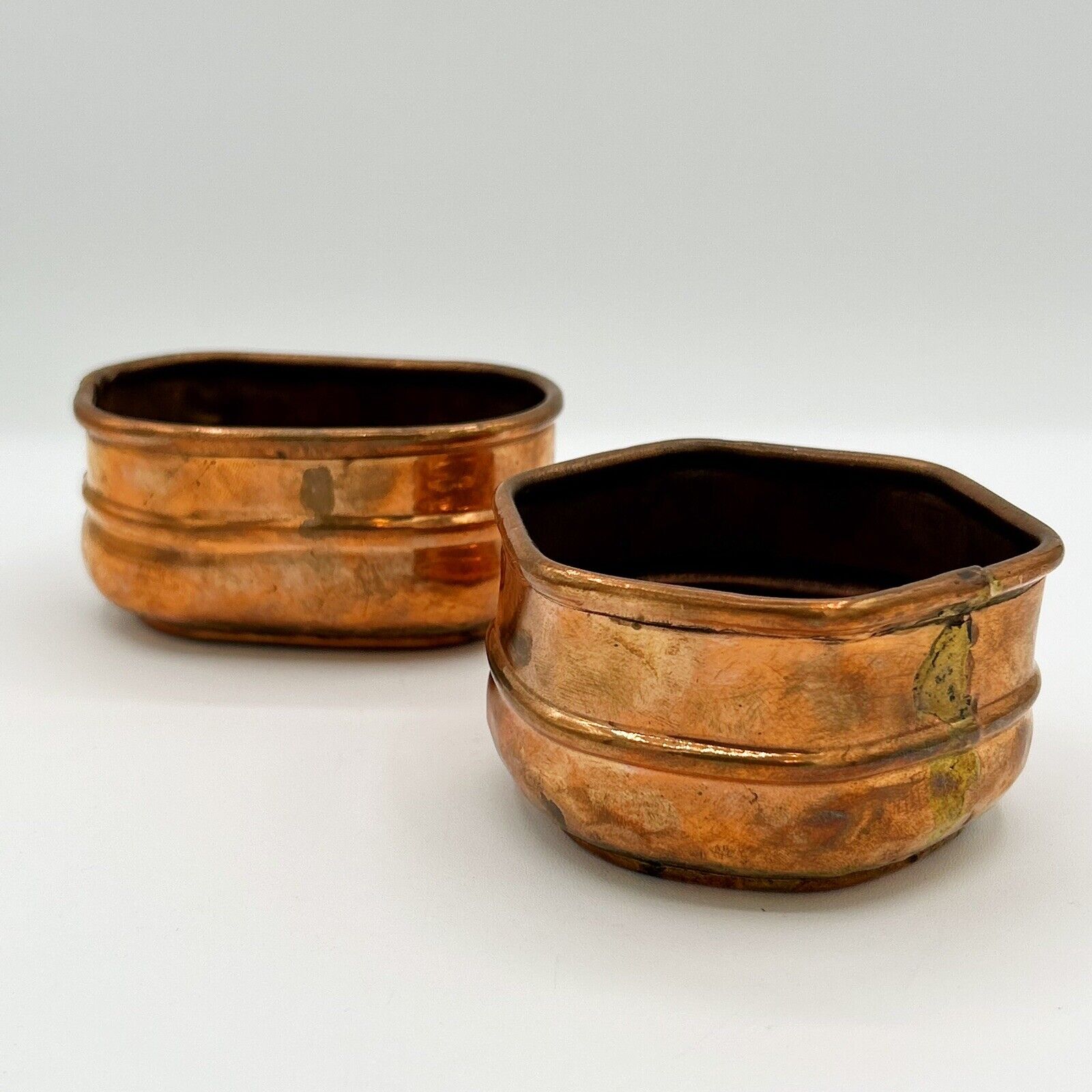  Vintage Copper Planters Bowls Hexagon Oval Patina Small Set Of 2