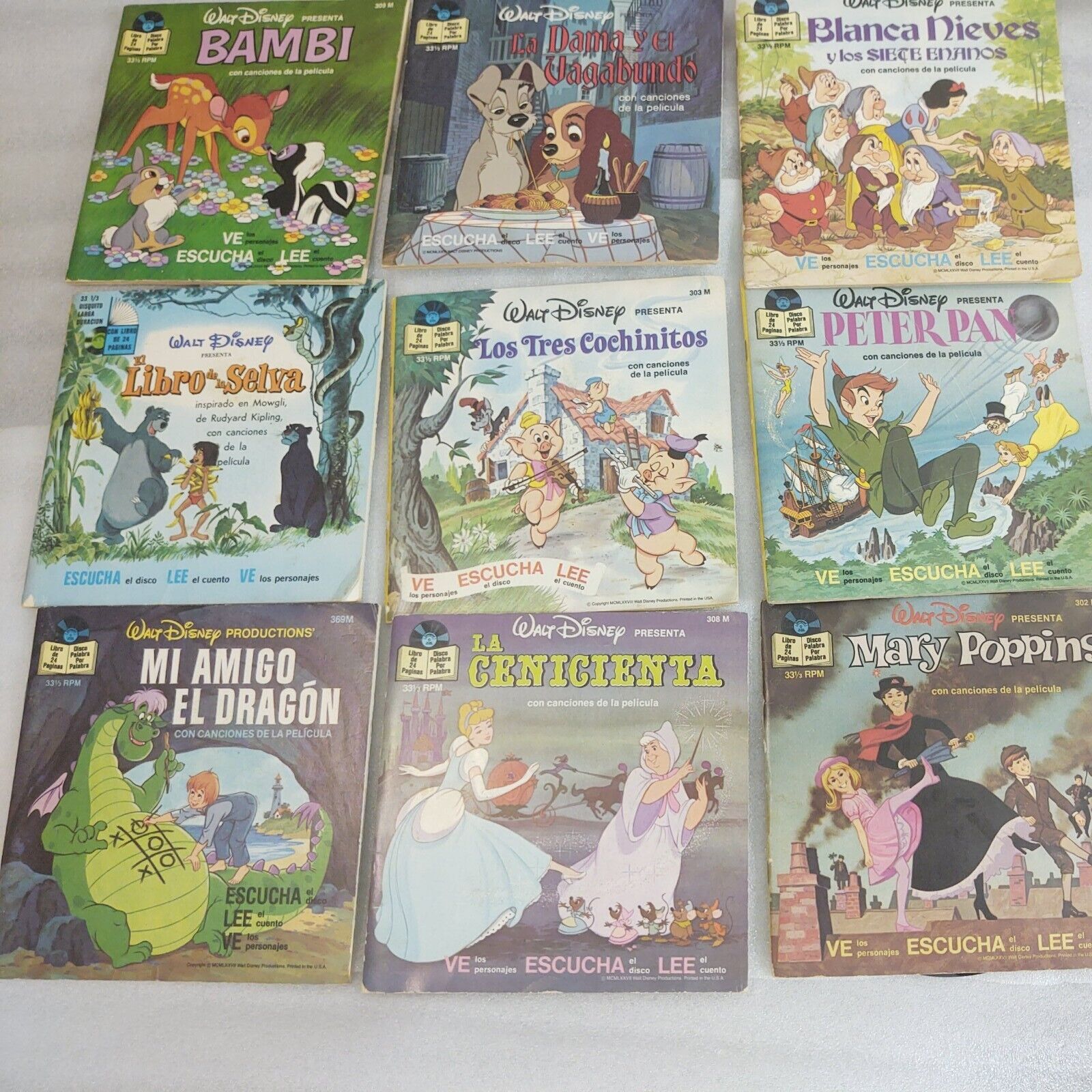 Vtg Walt Disney Asst Fairy Tale 9 Story Books With 33  1/3 RPM 7\