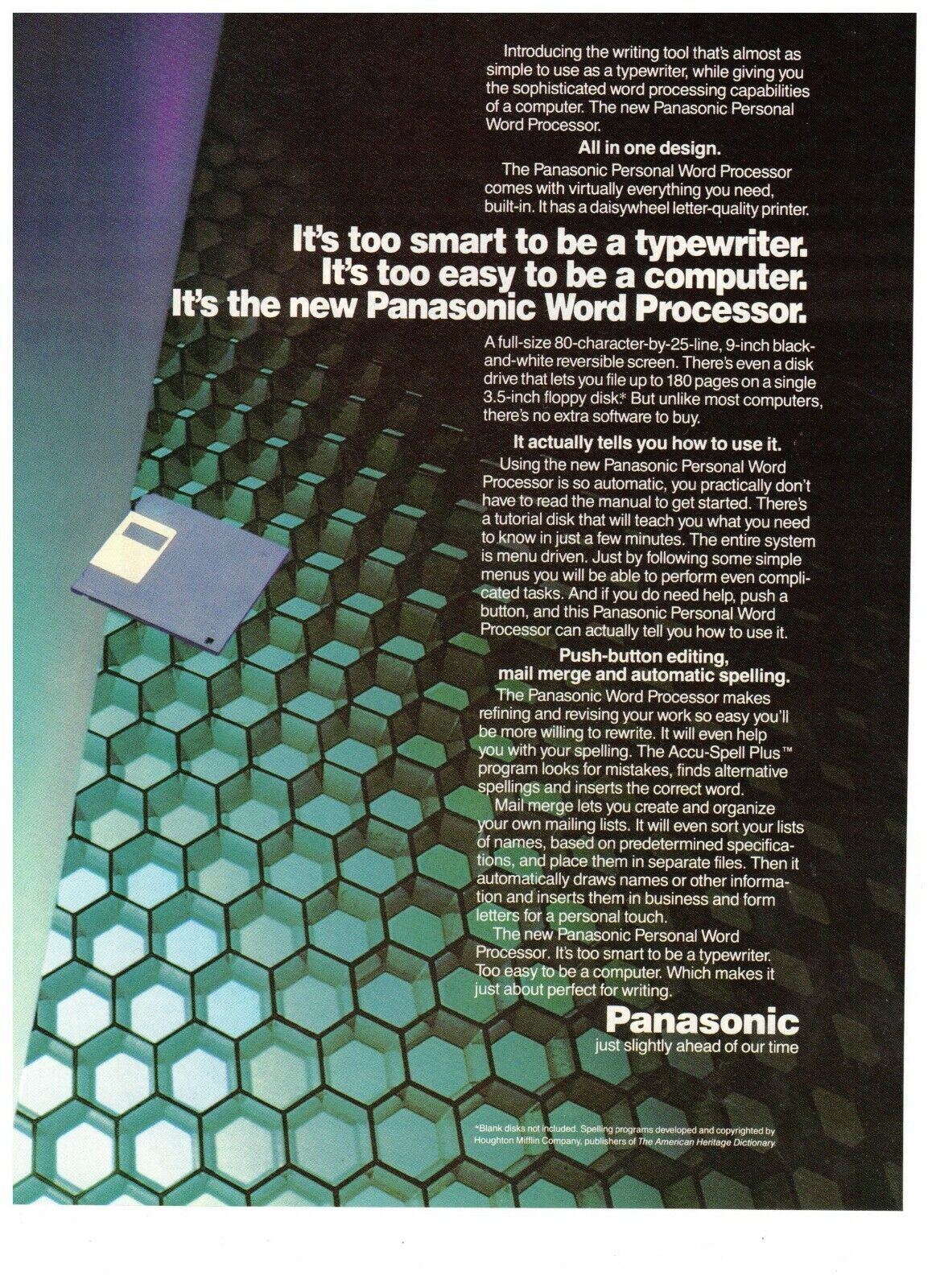 1989 Panasonic Word Processor Floppy Disk Vintage Print Advertisement