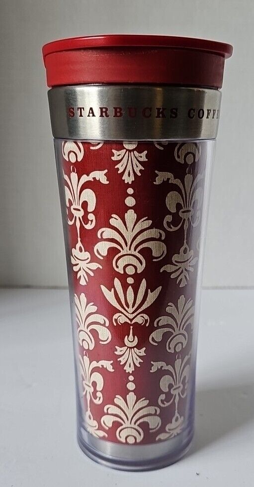 2009 Starbucks Coffee 12oz Travel Tumbler Mug Red White Fleur De Lis Pattern.