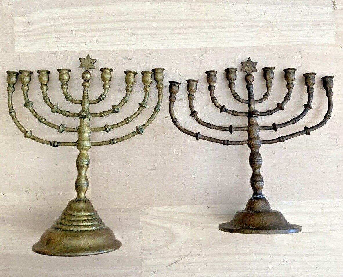 Pair Miniature Brass Menorahs 19th Century Eastern European Jewish Judaica Wow