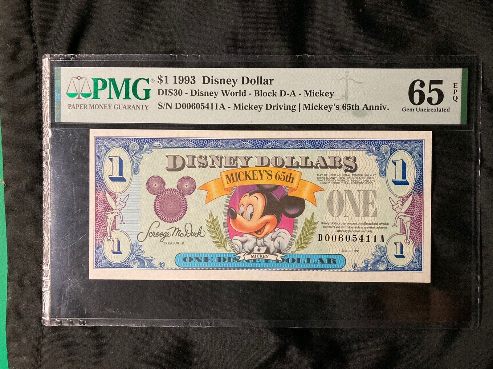 1993 $1 Disney Dollar Mickey 65th Anniv. PMG 66 EPQ (DIS30) Mickey Mouse Rare