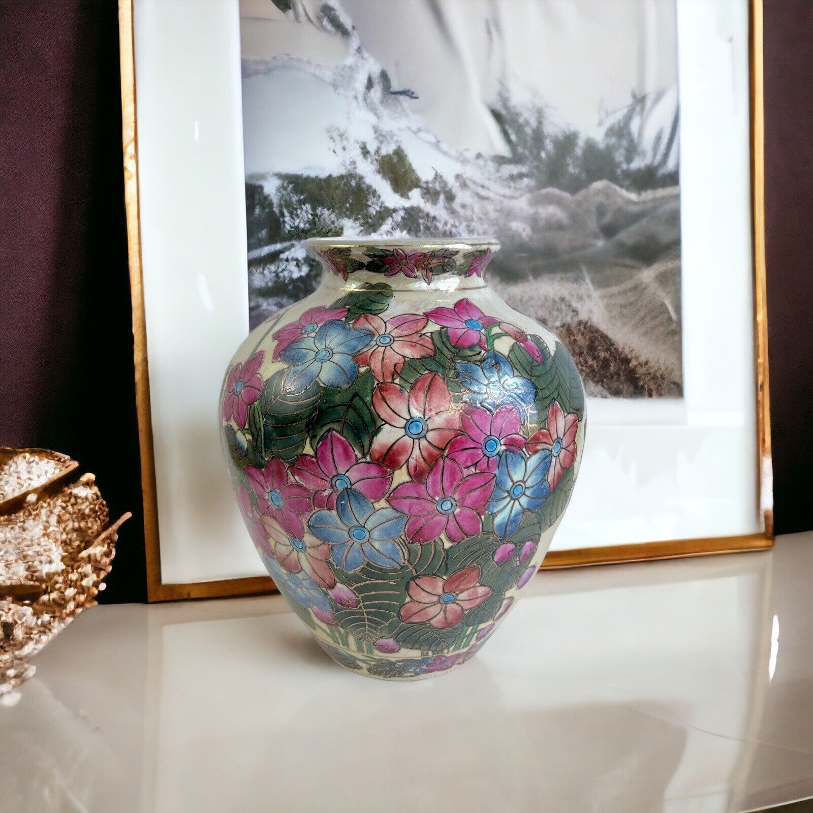 Vintage 1980’s Chinese Lusterware Flowers Ceramic Vase Handmade