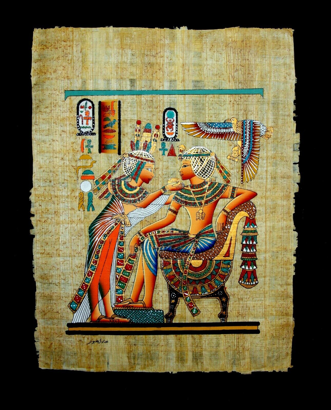 Rare Authentic Hand Painted Ancient Egyptian Papyrus-King Tut & Wife Gold Shrine