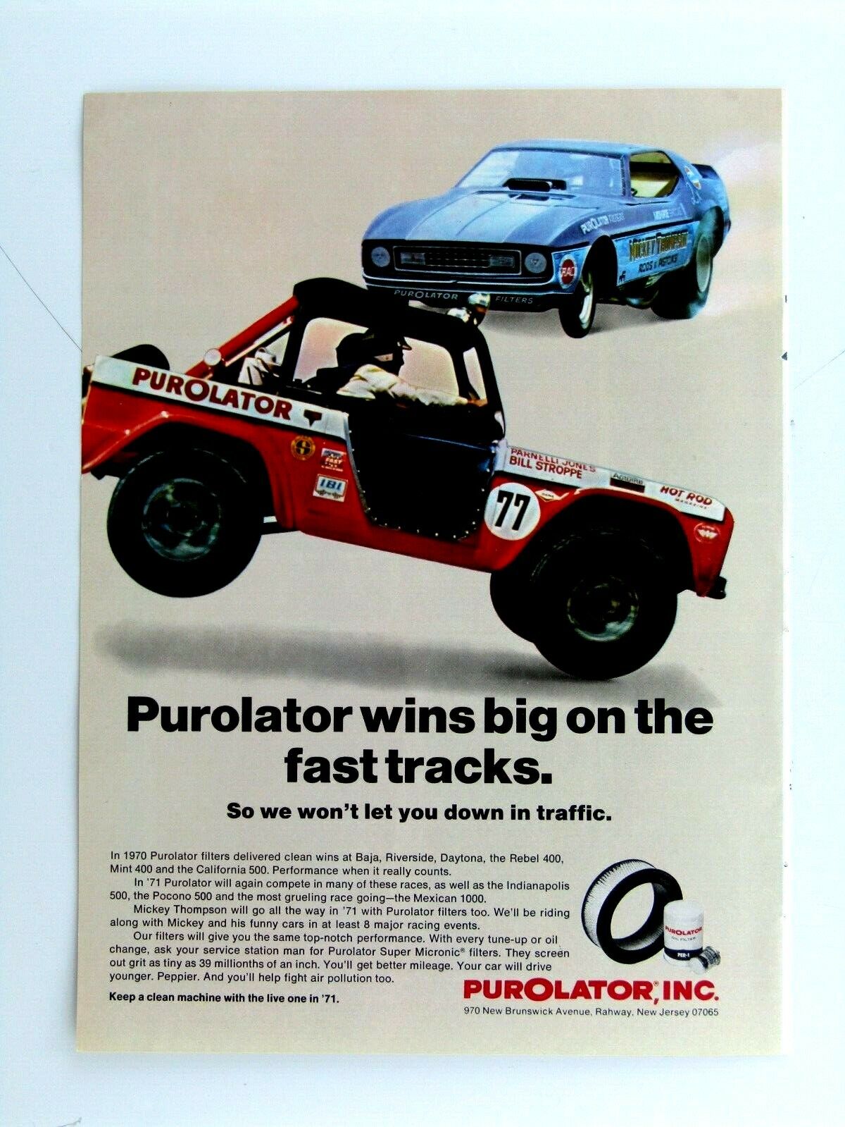Mickey Thompson Parnelli Jones VTG 1971 Ford Racing Purolator Original Print Ad 