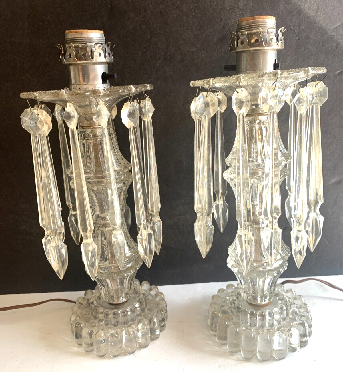 Vintage MCM Cut Glass Hollywood Regency Table Lamps Hanging Spear Prisms PAIR