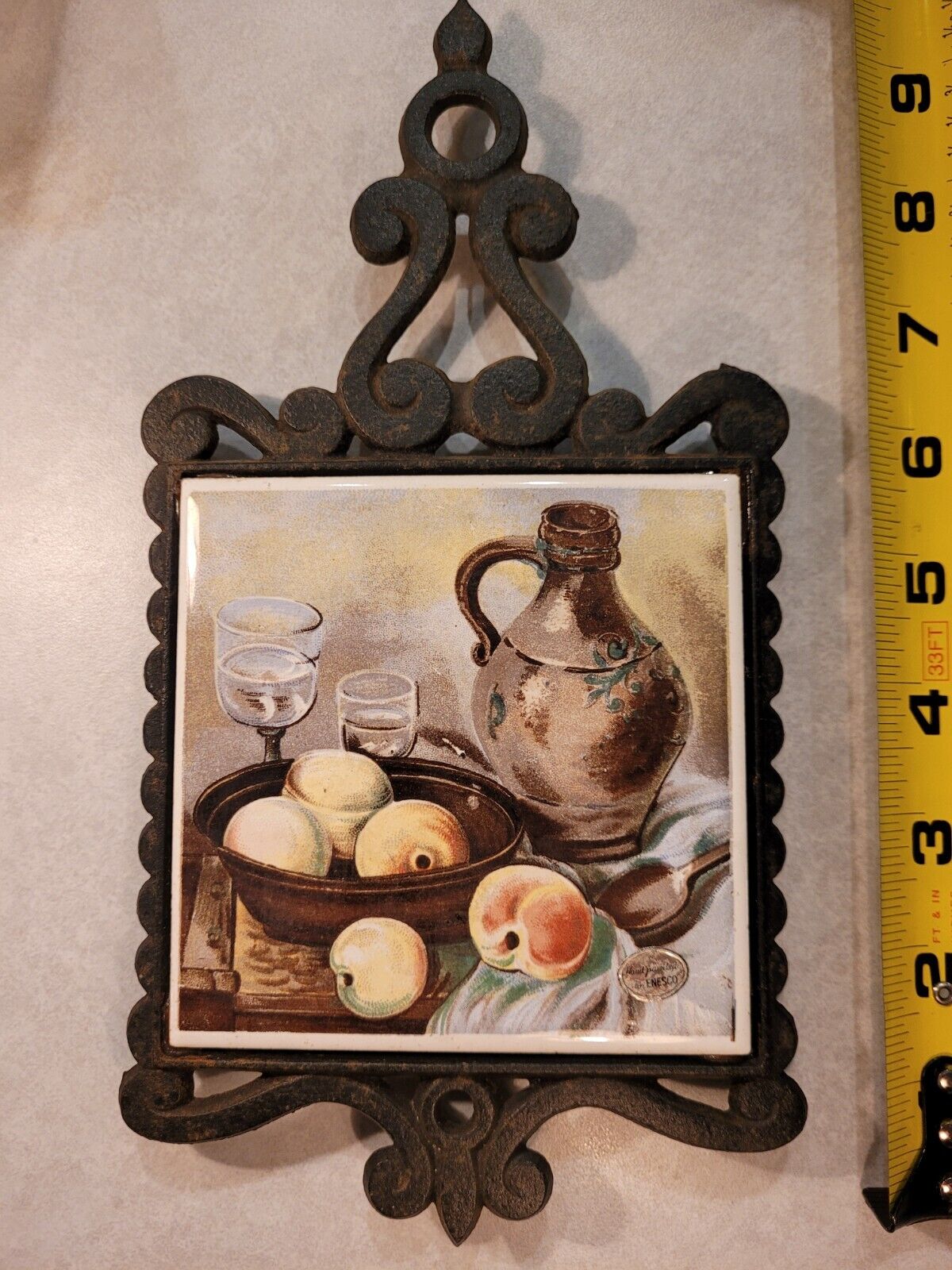 Enesco Black Iron Ceramic Wall Counter Trivet Japan Painted Pitcher Fruit peach