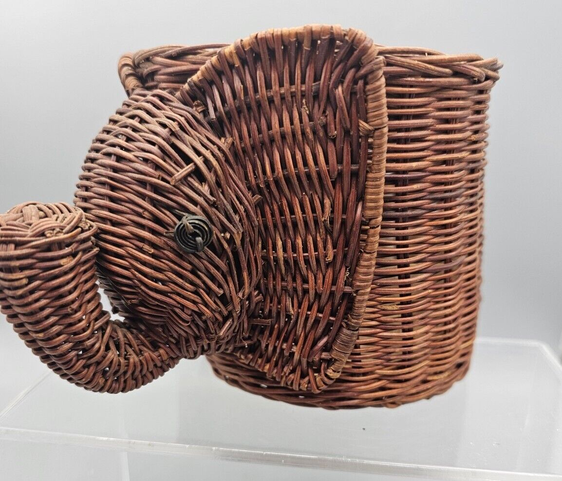 Elephant Planter Basket Weave Wicker Rattan MCM 4.25 Tall 4 Wide Vtg  3D
