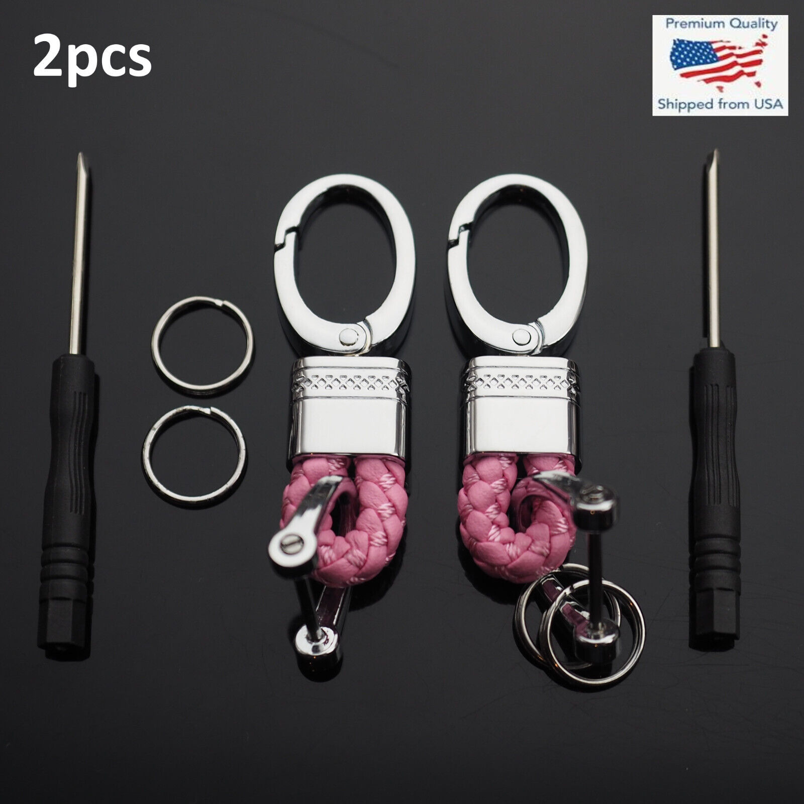 2pcs Pink & Silver Woven Leather Fob D-Ring Keychain Key Split Rings Holder Clip