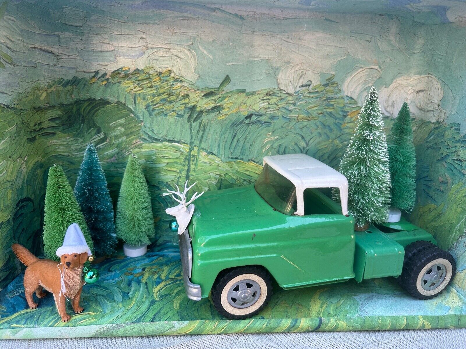 Beautiful Christmas or Holiday Diorama / Decor - Vintage Tonka Truck Miniatures