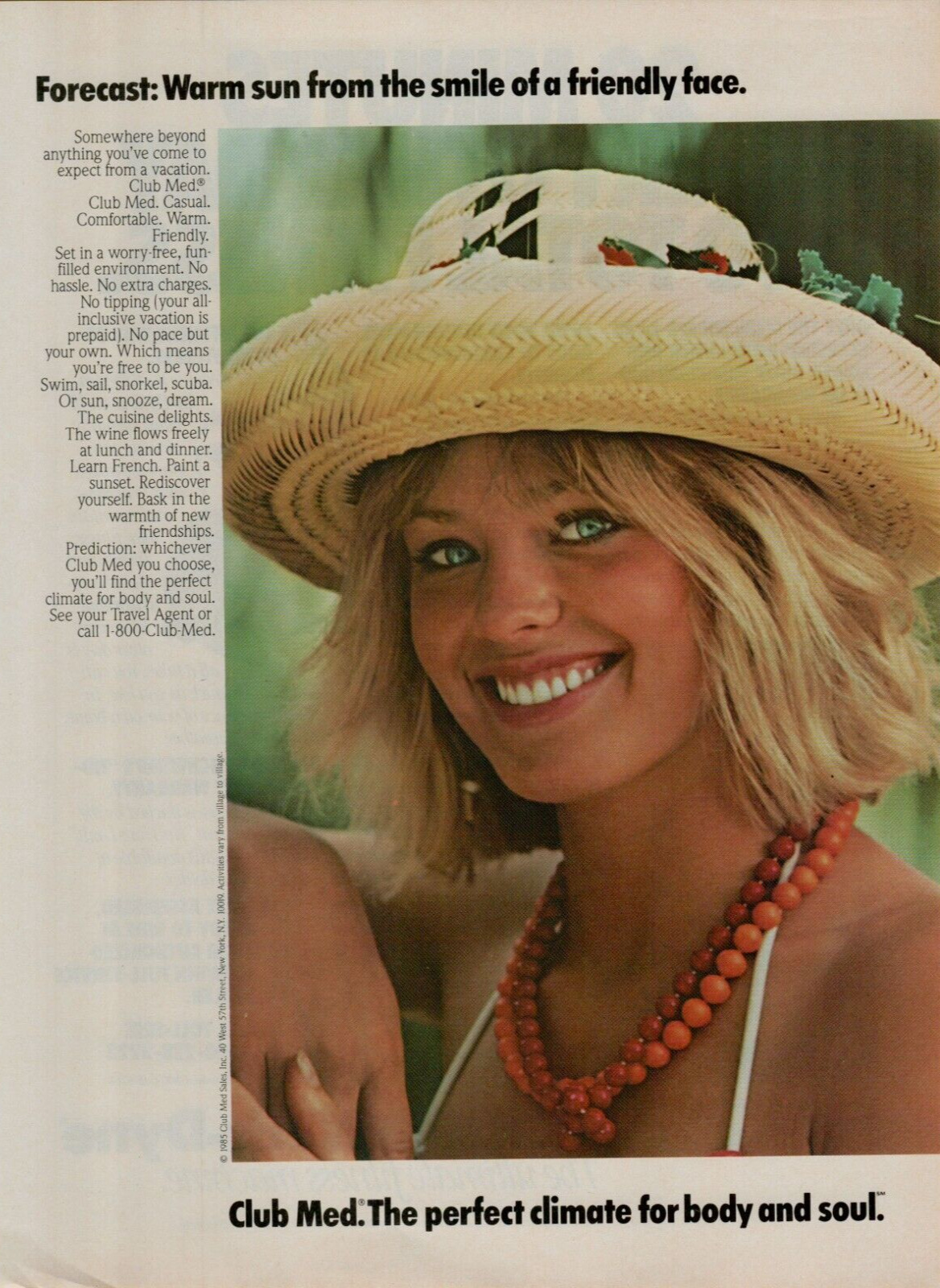 1986 Club Med Pretty Blonde Model Perfect Climate Body Soul Vintage Print Ad