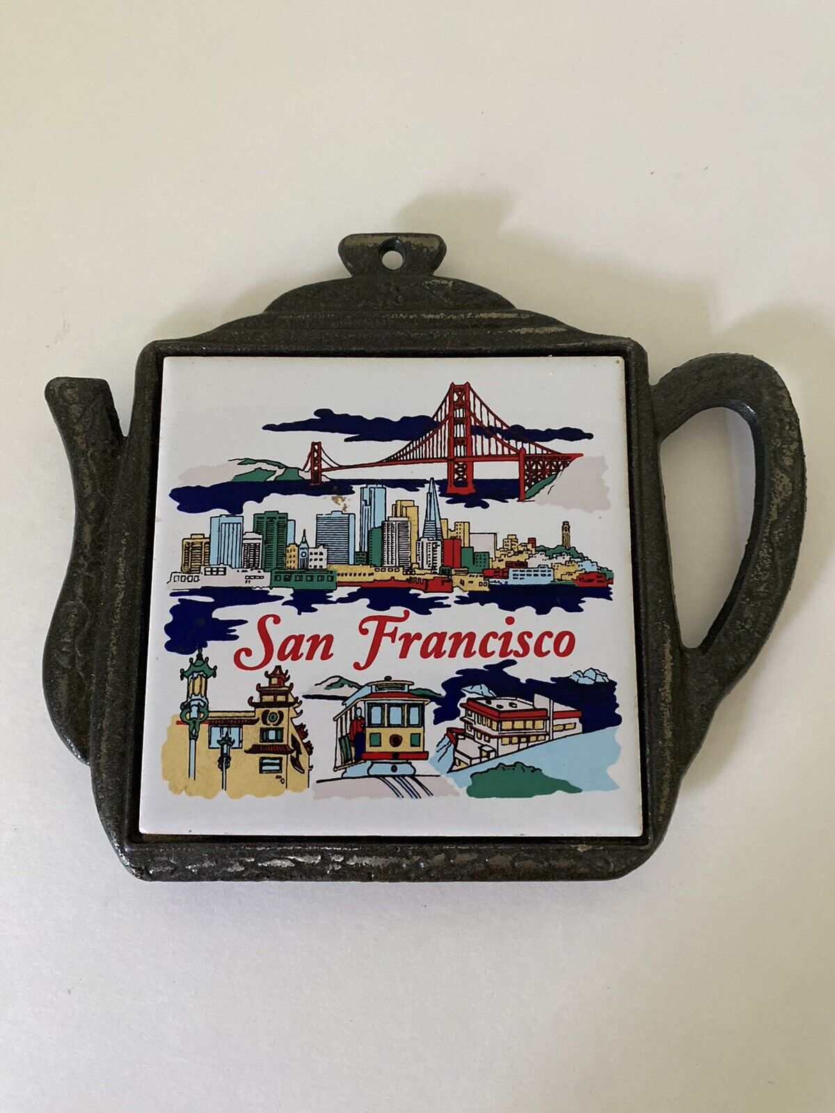 Vintage San Francisco Teapot Trivet Cast Iron Golden Gate Bridge 6'' X 7''