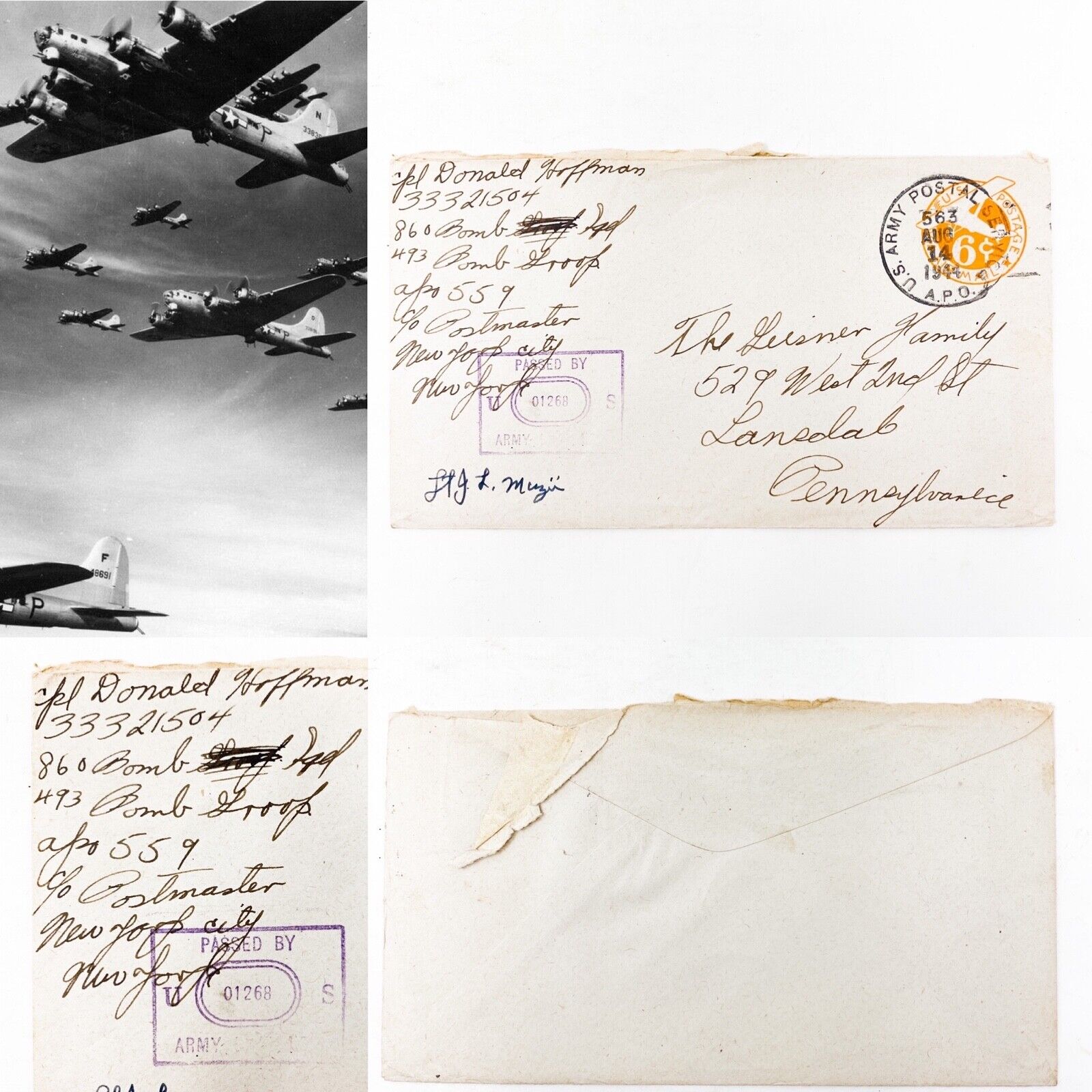 WWII Censored Donald Hoffman - 860th Bombardment Squadron Letter Cover Relic