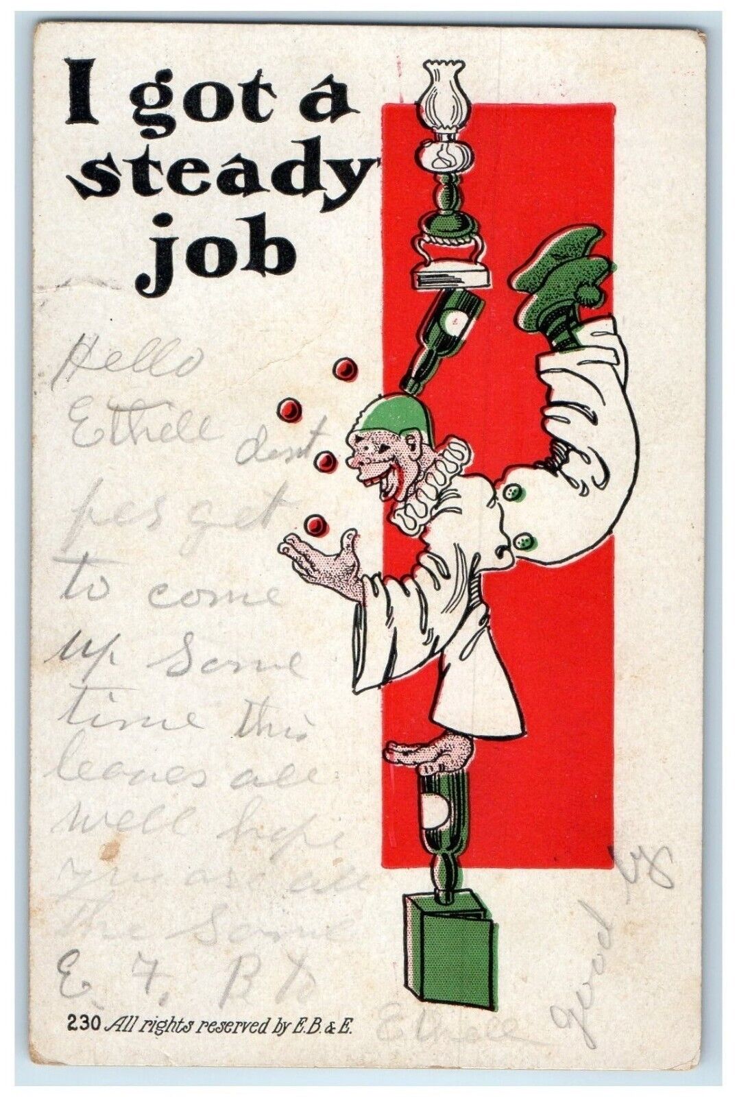 1906 Jester Clown Juggling I Got A Steady Job Fountain City Indiana IN Postcard