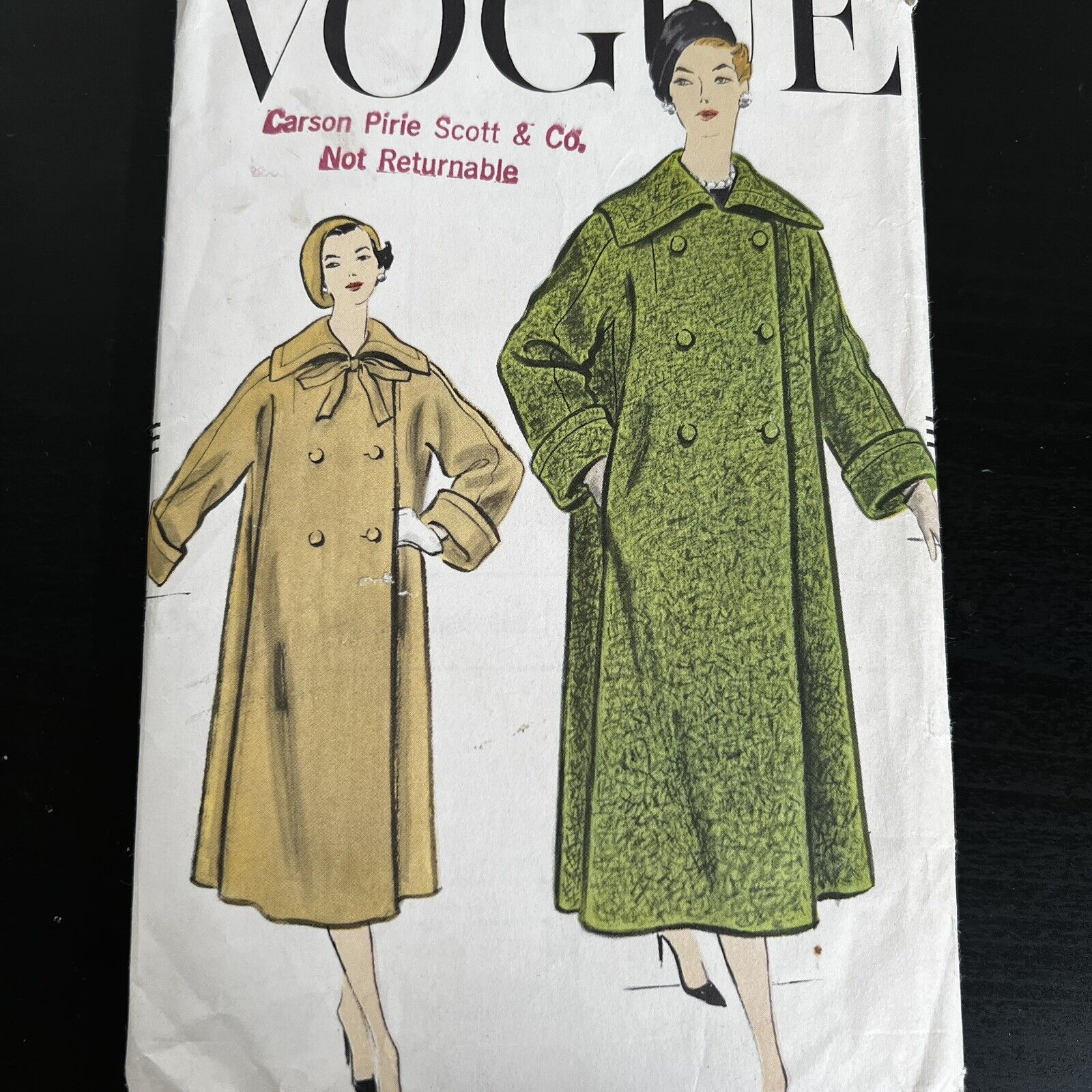 Vintage 1950s Vogue 9251 Large Collar Double Breasted Coat Sewing Pattern 14 CUT