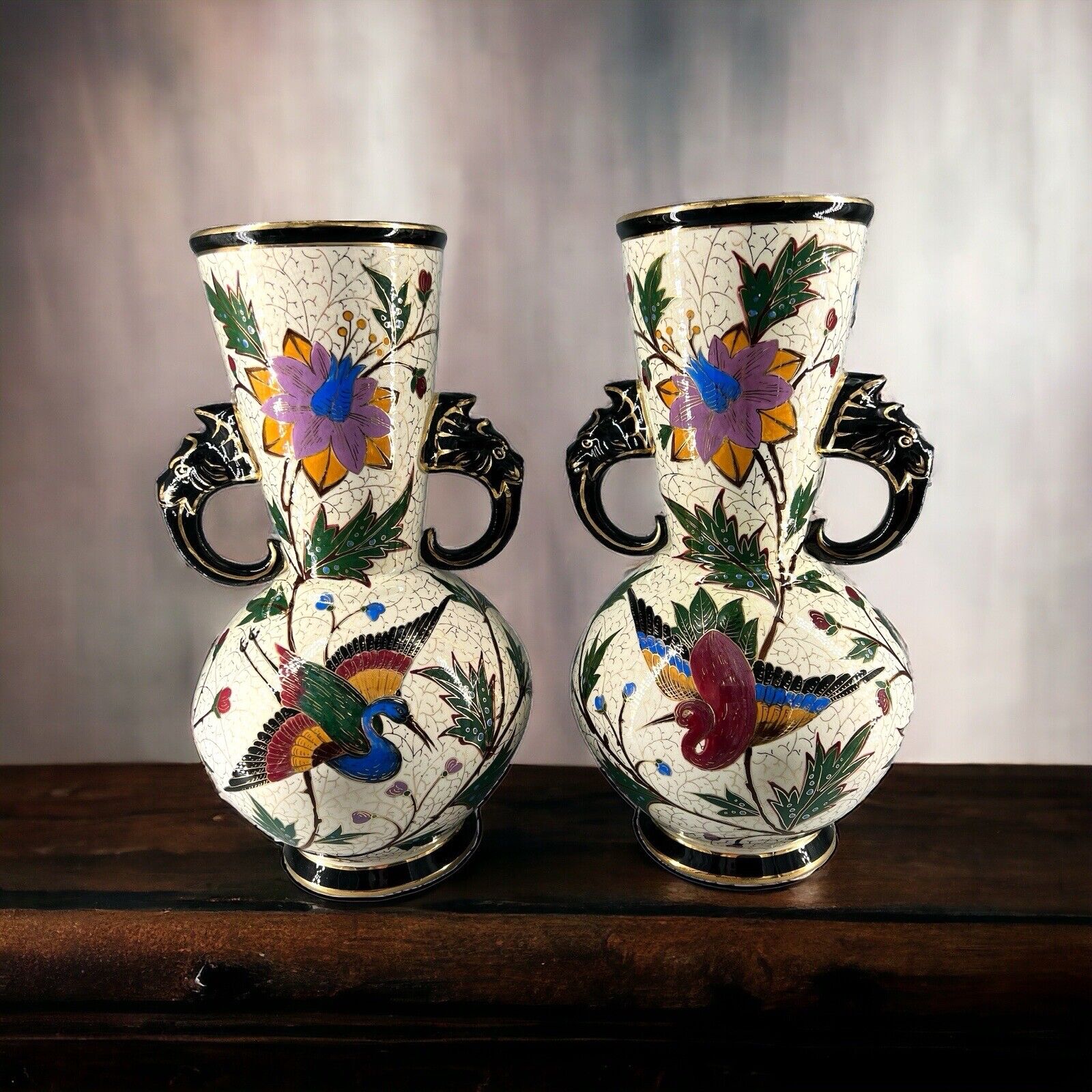 Vintage Pair Signed Porcelain Mantle Vase Elephant Handles Birds Flowers 13”