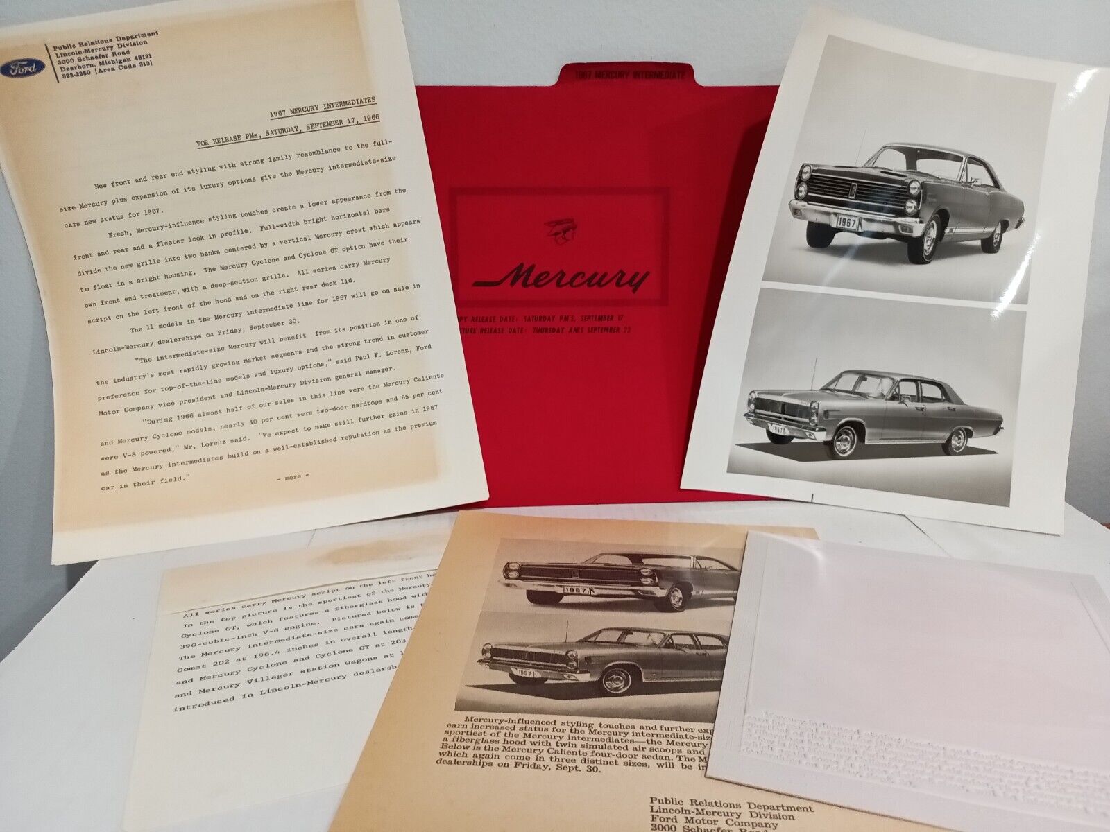 1967 Mercury Cyclone GT Caliente B&W Pictures & Press Release Folder 1966