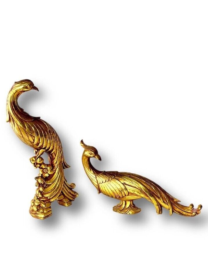 Vintage Syroco MCM Hollywood Regency Gold Gilt Pheasant Peacock Bird Figurines