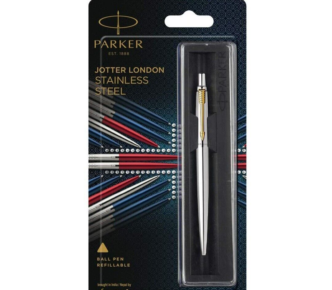 Parker Jotter  Steel GT Gold Trim Ball Point Pen, Fine Nib, 0.8mm Blue/Black Ink