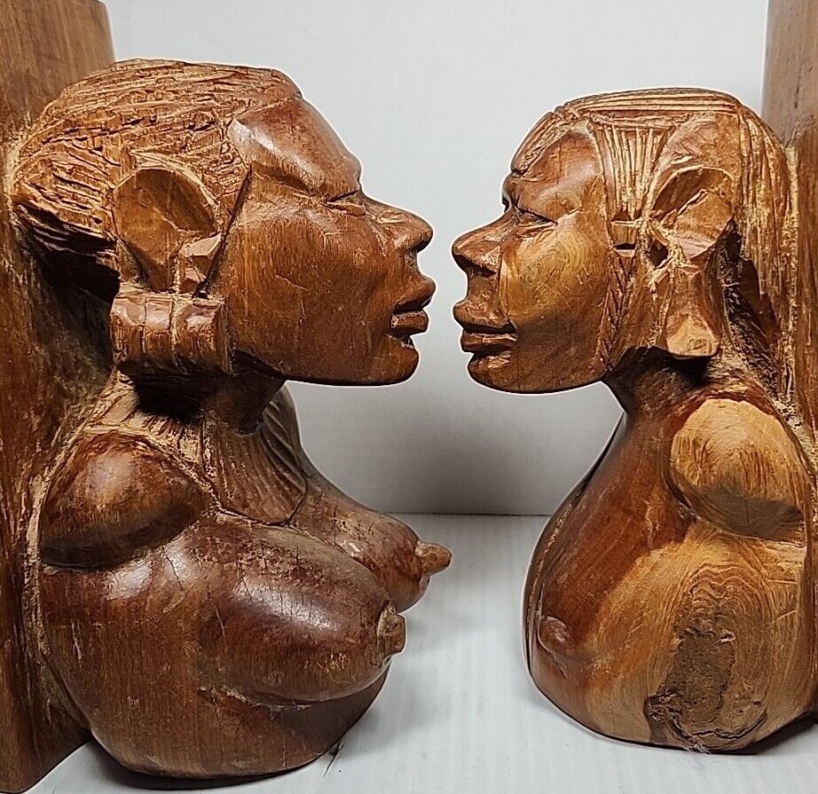 Vintage MALE FEMALE AFRICAN Couple BUST BOOKENDS Tribal Hand Carved Solid Wood 