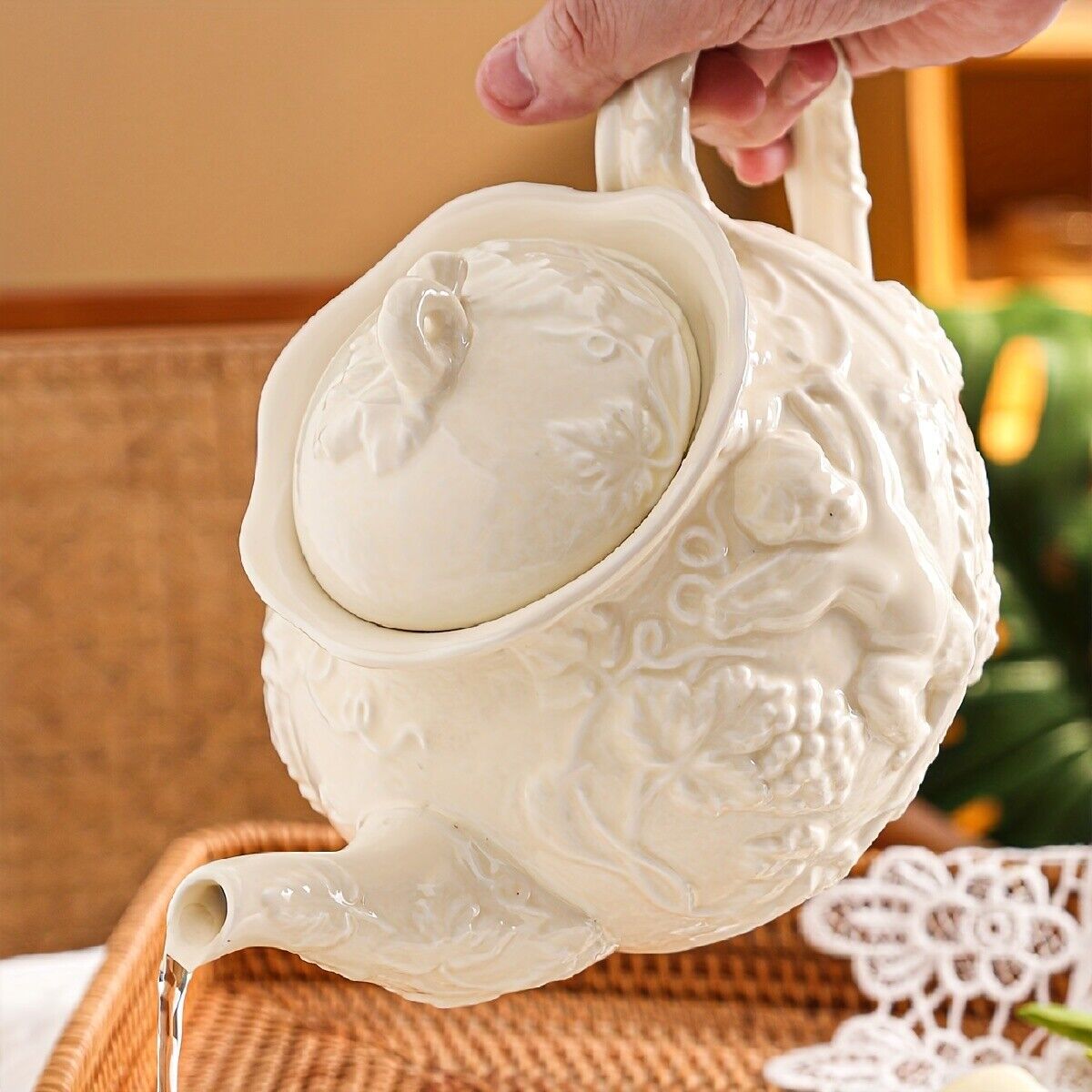 1pc Ceramic Tea Pot Set, Vintage Royal Embossed Grape Elf Pattern, Retro Court