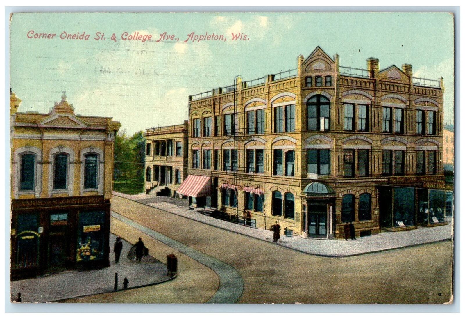 1910 Corner Oneida Street & College Avenue Building Appleton Wisconsin Postcard