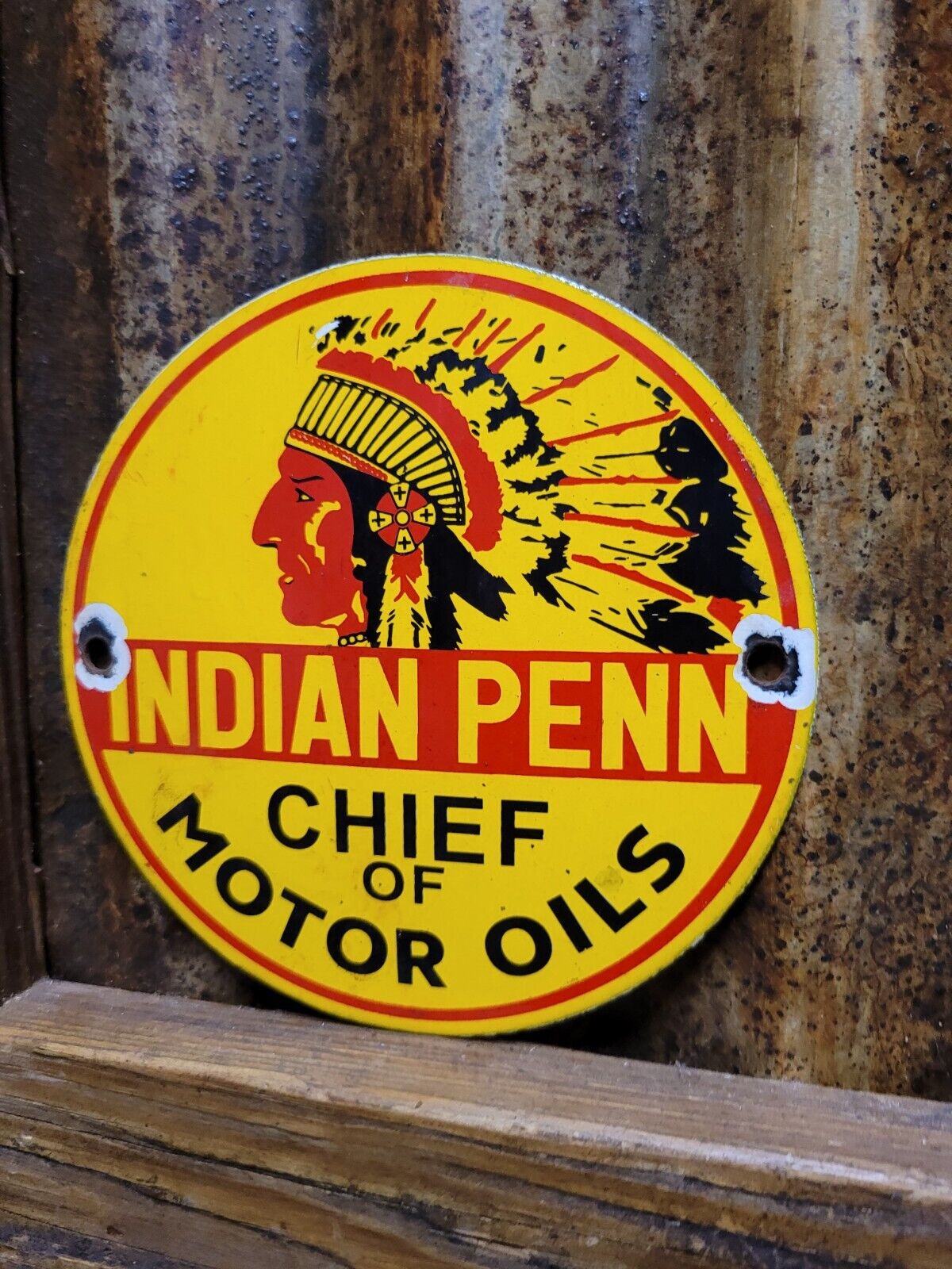 VINTAGE INDIAN PENN PORCELAIN SIGN GAS ADVERTISING CHIEF OF MOTOR OIL PUMP PLATE