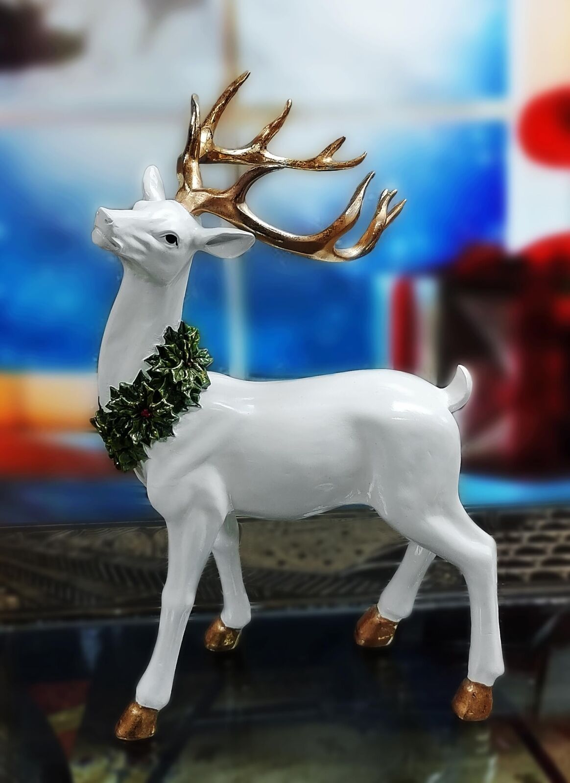 MOMENTS IN TIME 18.5“H Gold Antler Standing Reindeer with Wreath - Hand-Pa