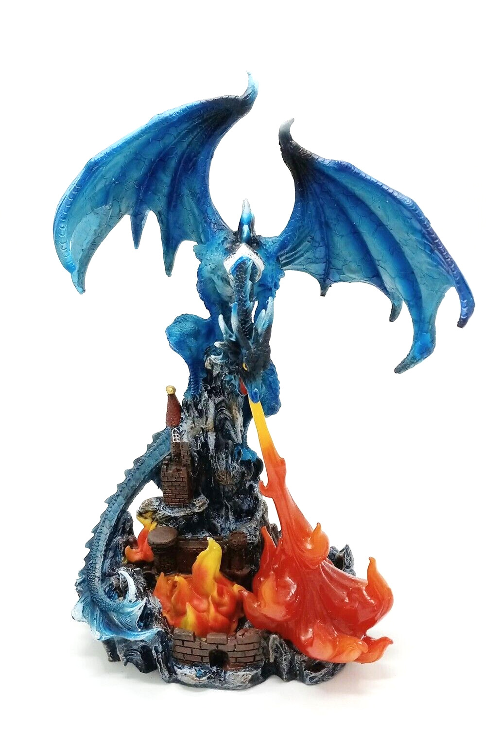 Blue Dragon Breathing fire on Castle Multi-color LED Collectible H = 11.75 in