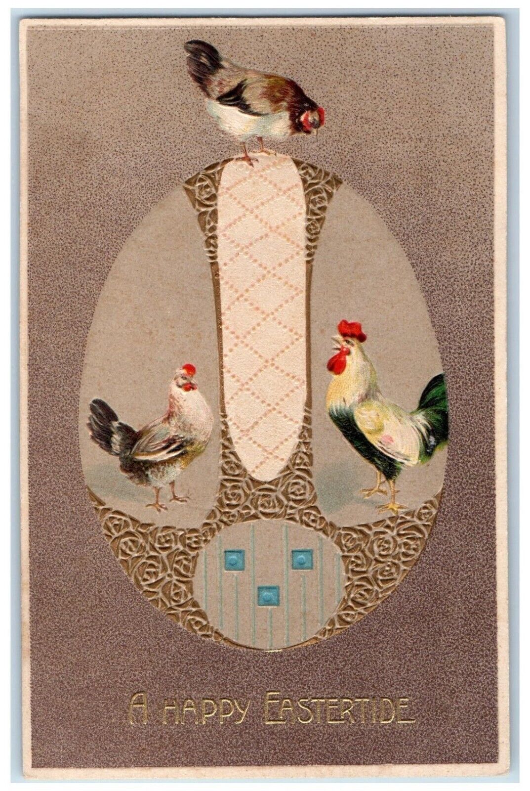 c1910's Happy Easter Chicken Hen Giant Egg Embossed Art Nouveau Antique Postcard