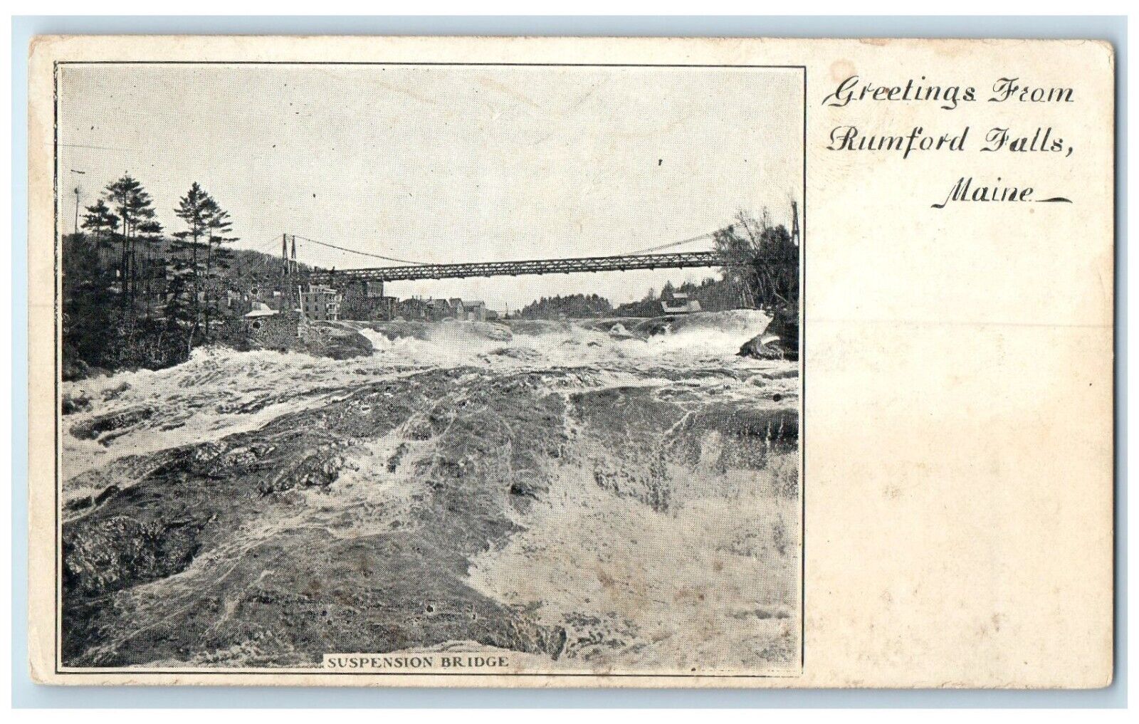 c1905 Greetings From Rumford Falls Maine ME, Bridge Waterfalls Antique Postcard