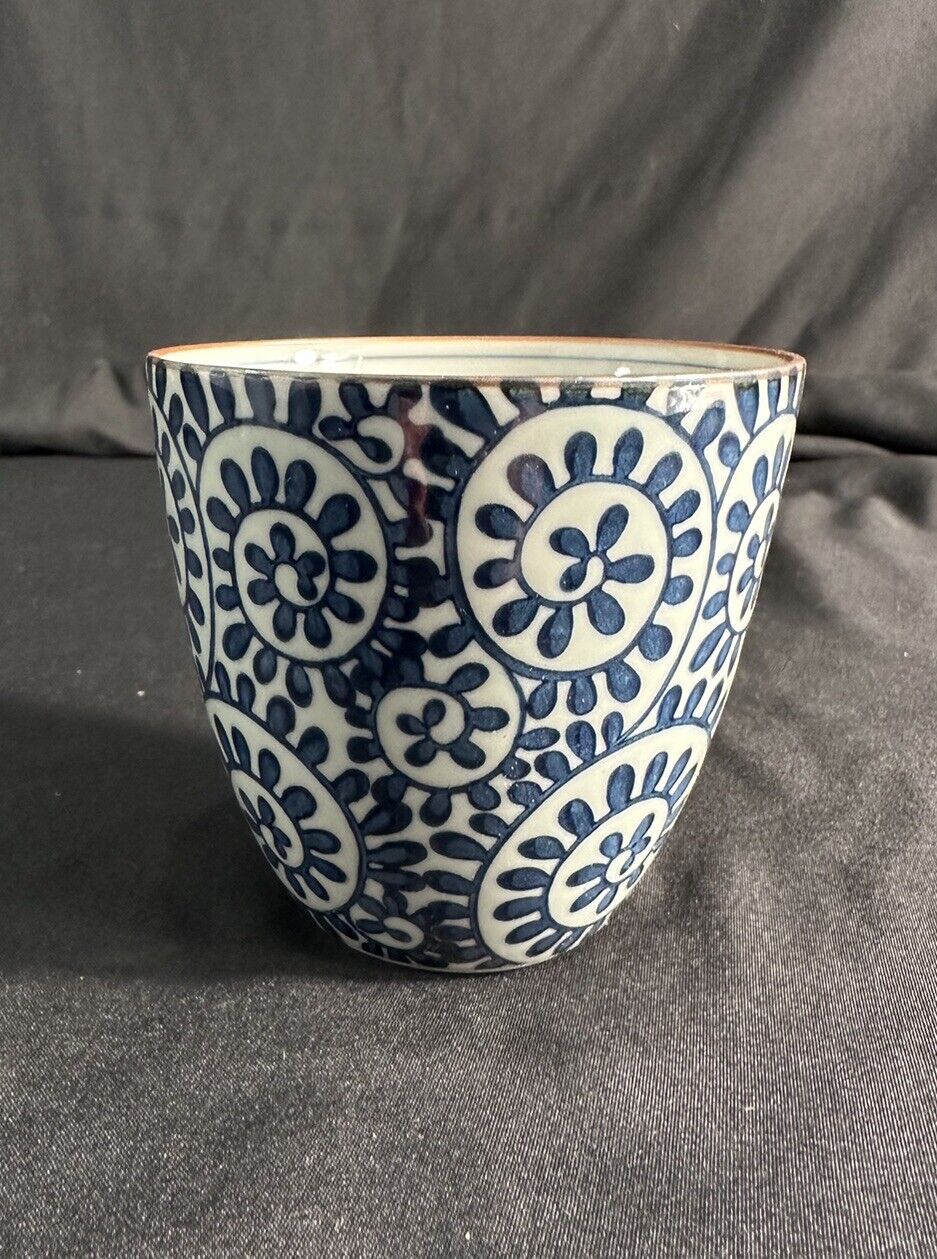 Vintage Japanese Arita Yaki Yunomi  Blue & White Tea Cup Floral Swirl Design