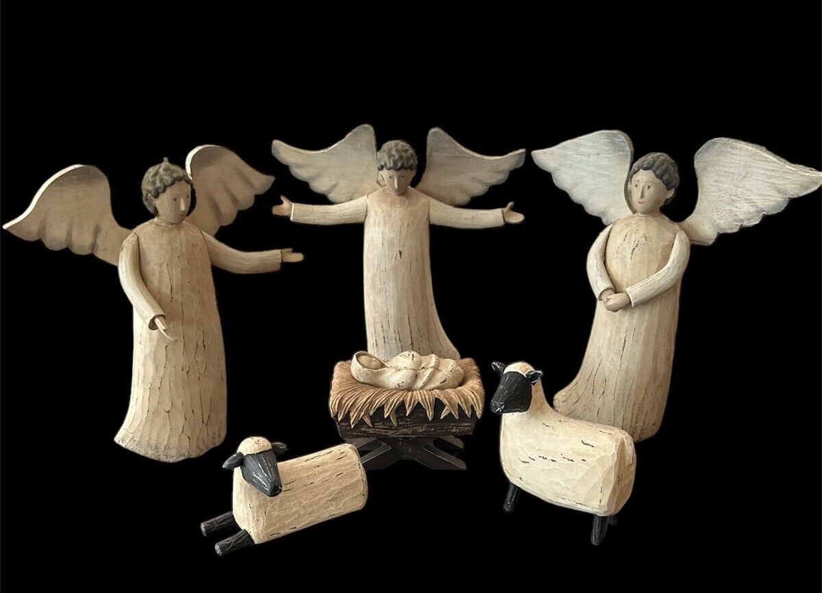 Department 56 Solid Wood Nativity Scene 3 Angels 2 Sheeps Manger Bed Jesus RARE