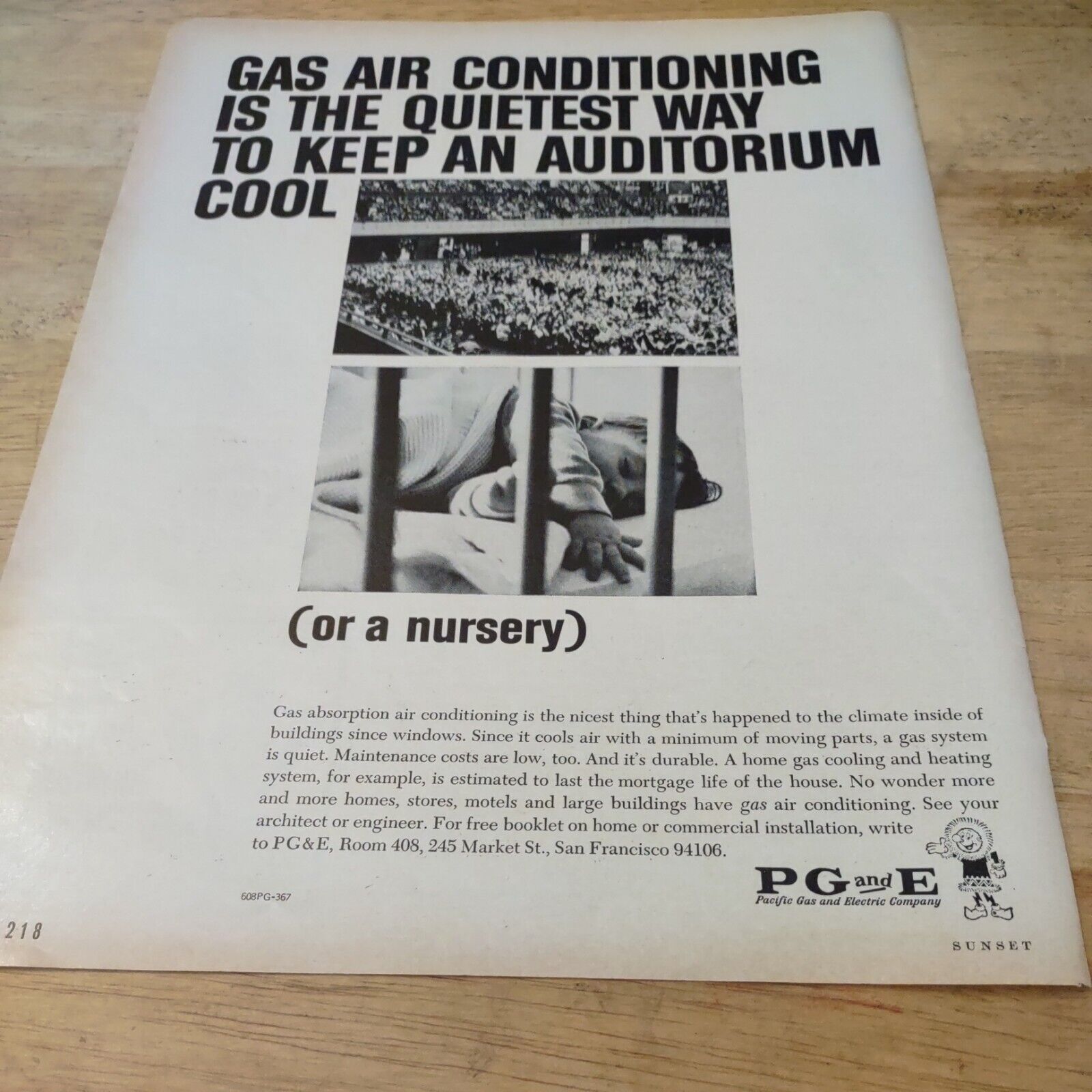 1967 PG&E Gas Air Conditioning Quiet Auditorium And A Nursery Magazine Ad