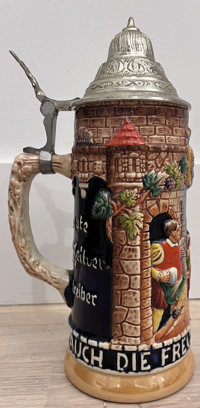Antique Made in Germany Beer Stein with Pewter lid, Hand Painted, Story of Freud
