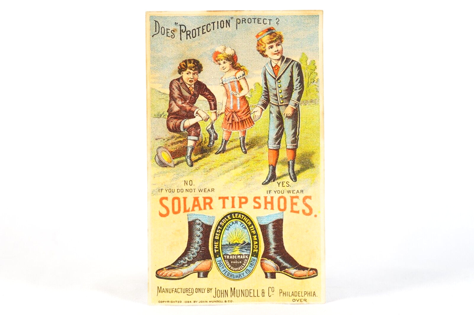 SOLAR TIP SHOES 1880's John Mundell & Co Philadelphia PA Advertising Trade Card