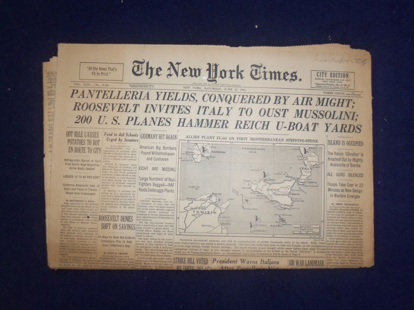 1943 JUNE 12 NEW YORK TIMES -PANTELLERIA YIELDS, CONQUERED BY AIR MIGHT- NP 6540