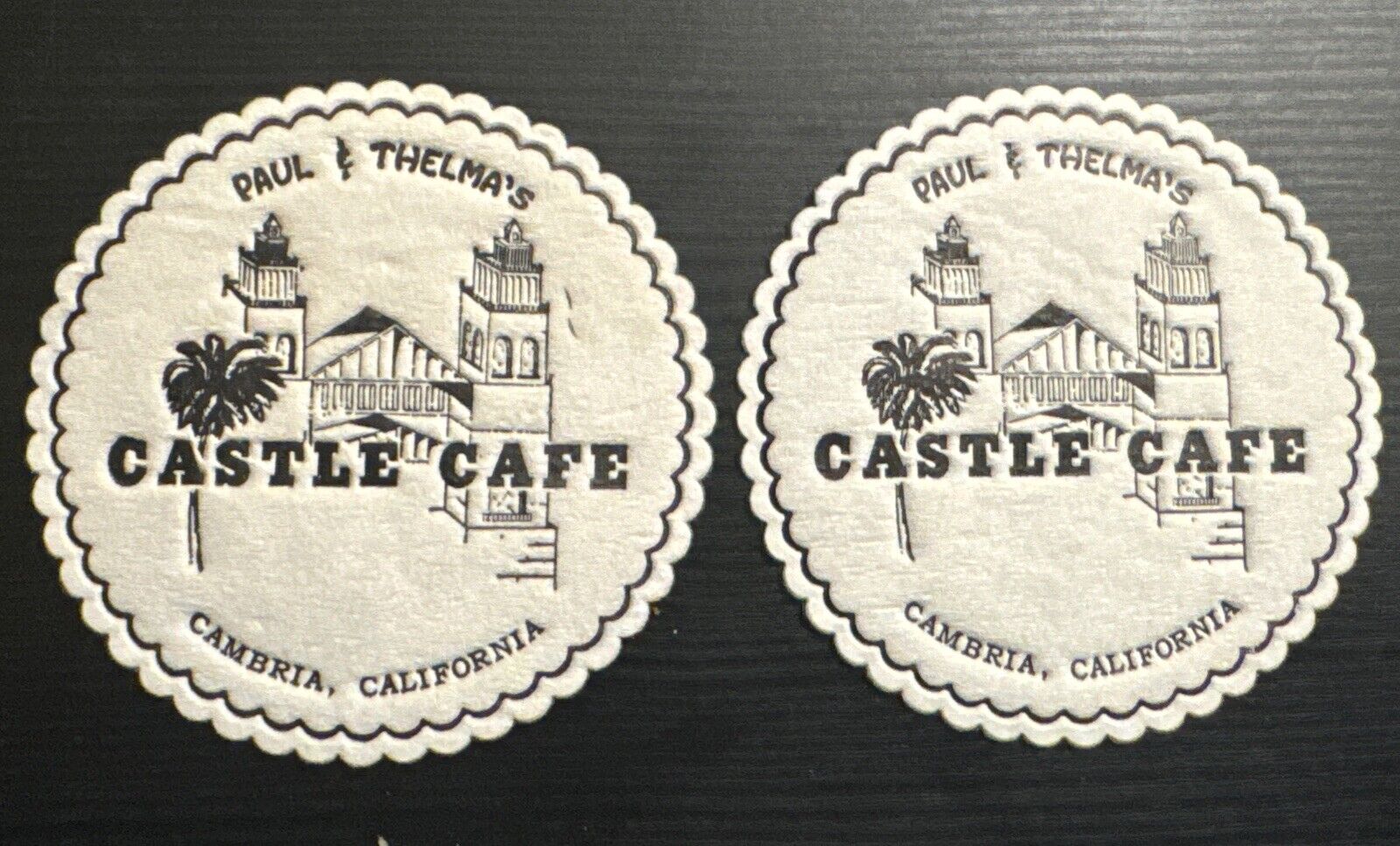 PAUL & THELMA'S CASTLE CAFE CAMBRIA CALIFORNIA 2 LOVELY NOSTALGIC COASTERS