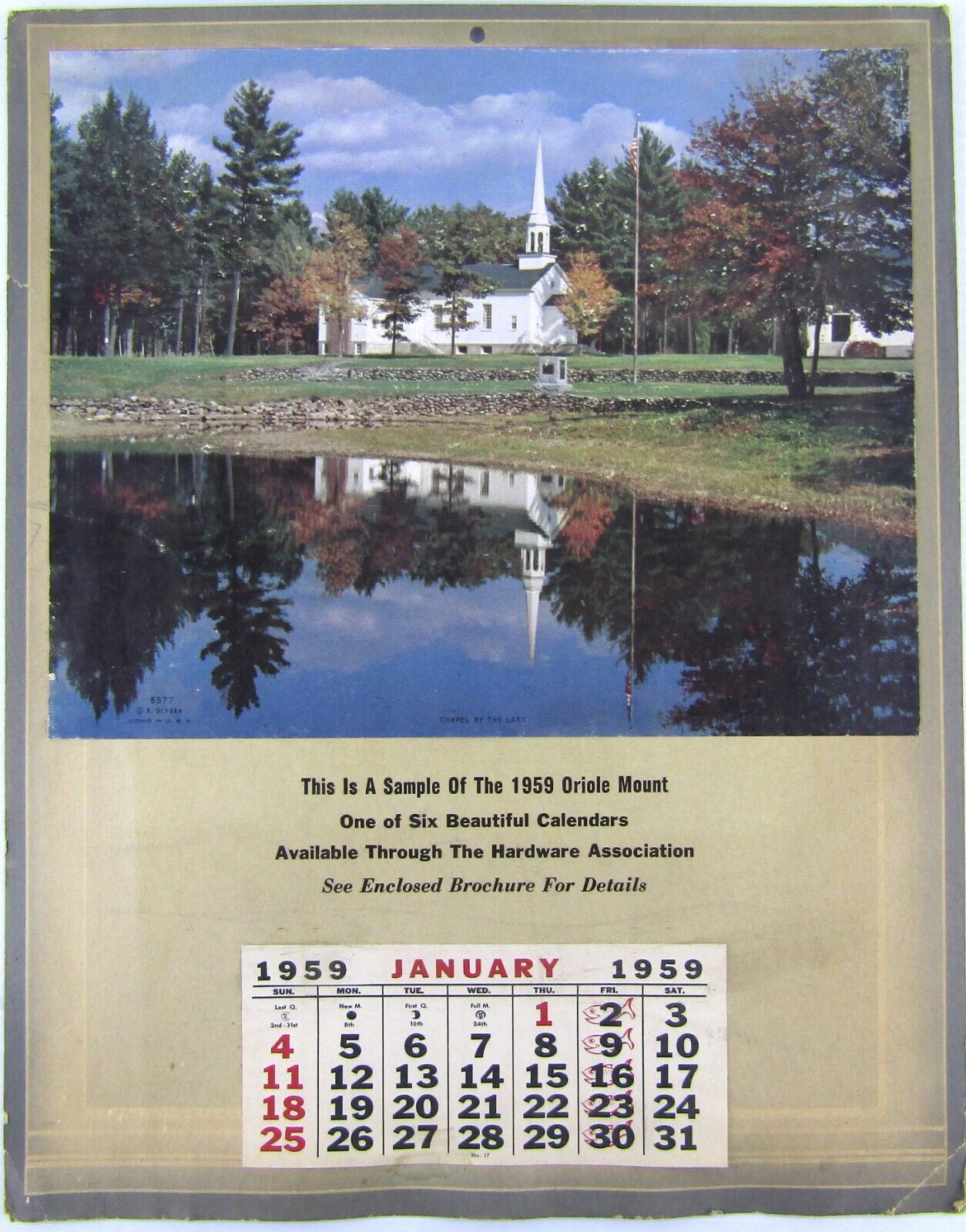 Vtg 1959 Local Hardware Association Wall Calendar Sales Sample Church 13x10.5