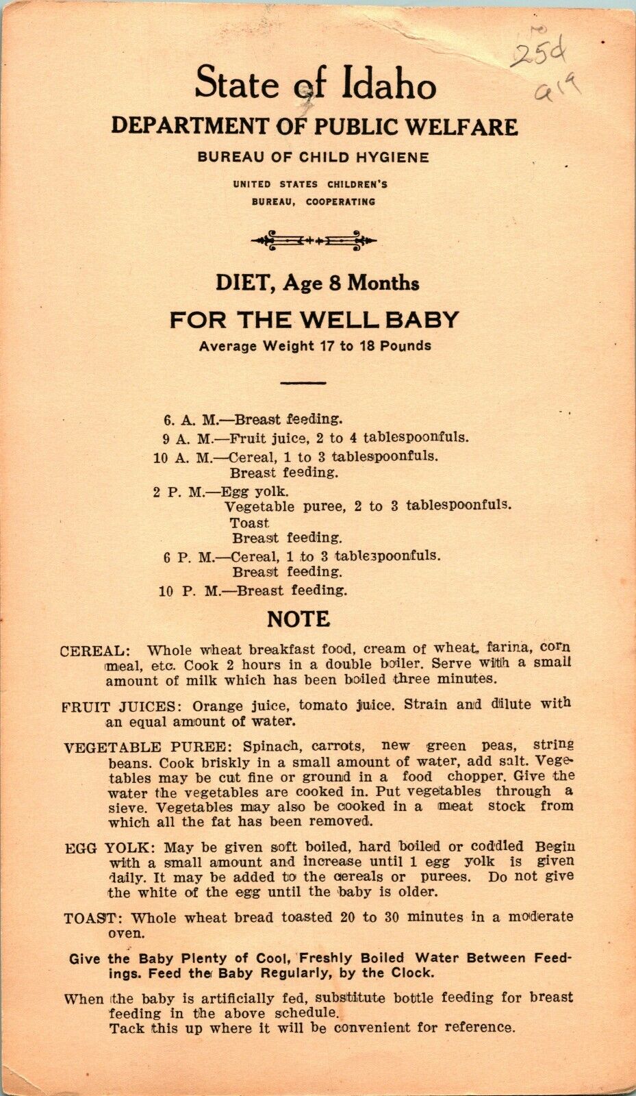 1920s State of Idaho Department of Public Welfare Baby Diet Cards Child Hygeine