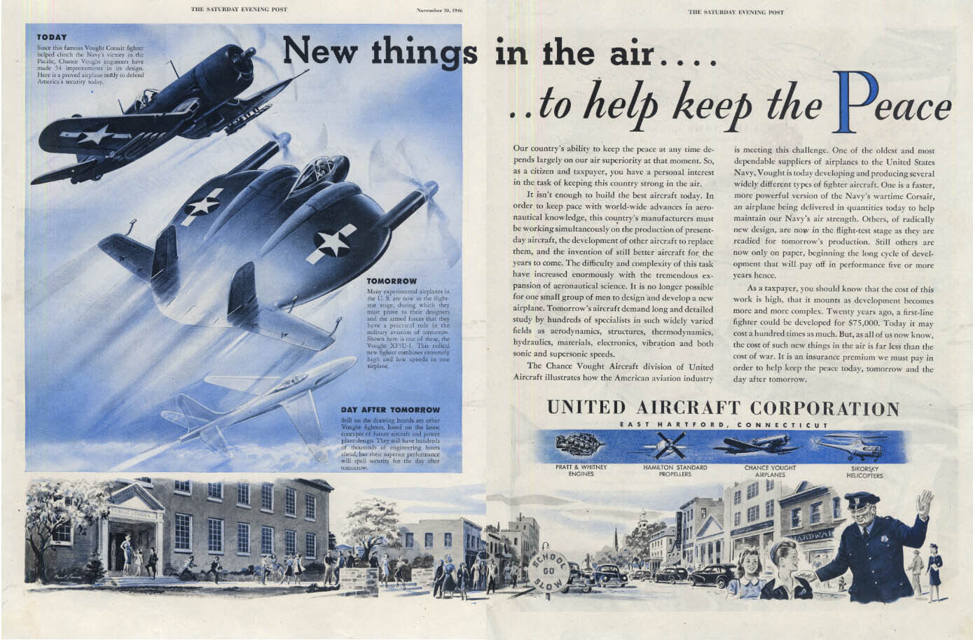 New things to help keep Peace: Vought Corsair & XF5U-1 United Aircraft ad 1946 P