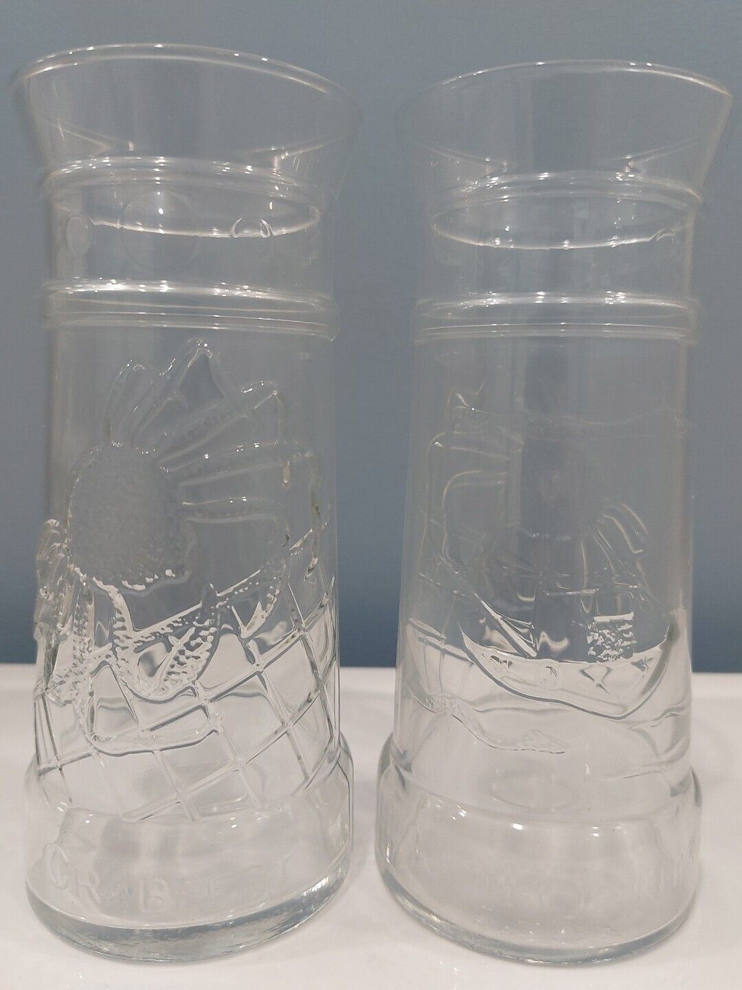 PAIR Red Lobster Embossed Lighthouse Crabfest Glass Tumblers Crab Sailboat